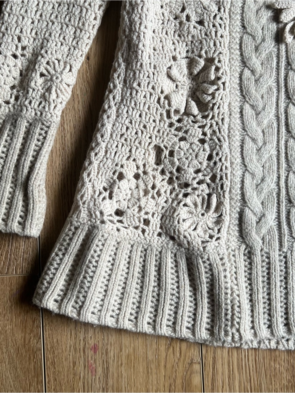 Anthropologie-Angel of the North Cream Openwork Cable Knit Shawl Collar Sweater - Picture 5 of 11